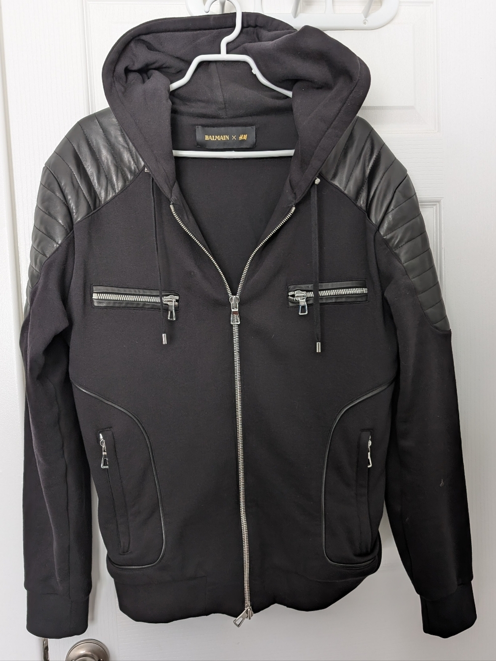 Balmain X H&M Black Hooded Zip up Hoody with Quilted Shoulder Panels